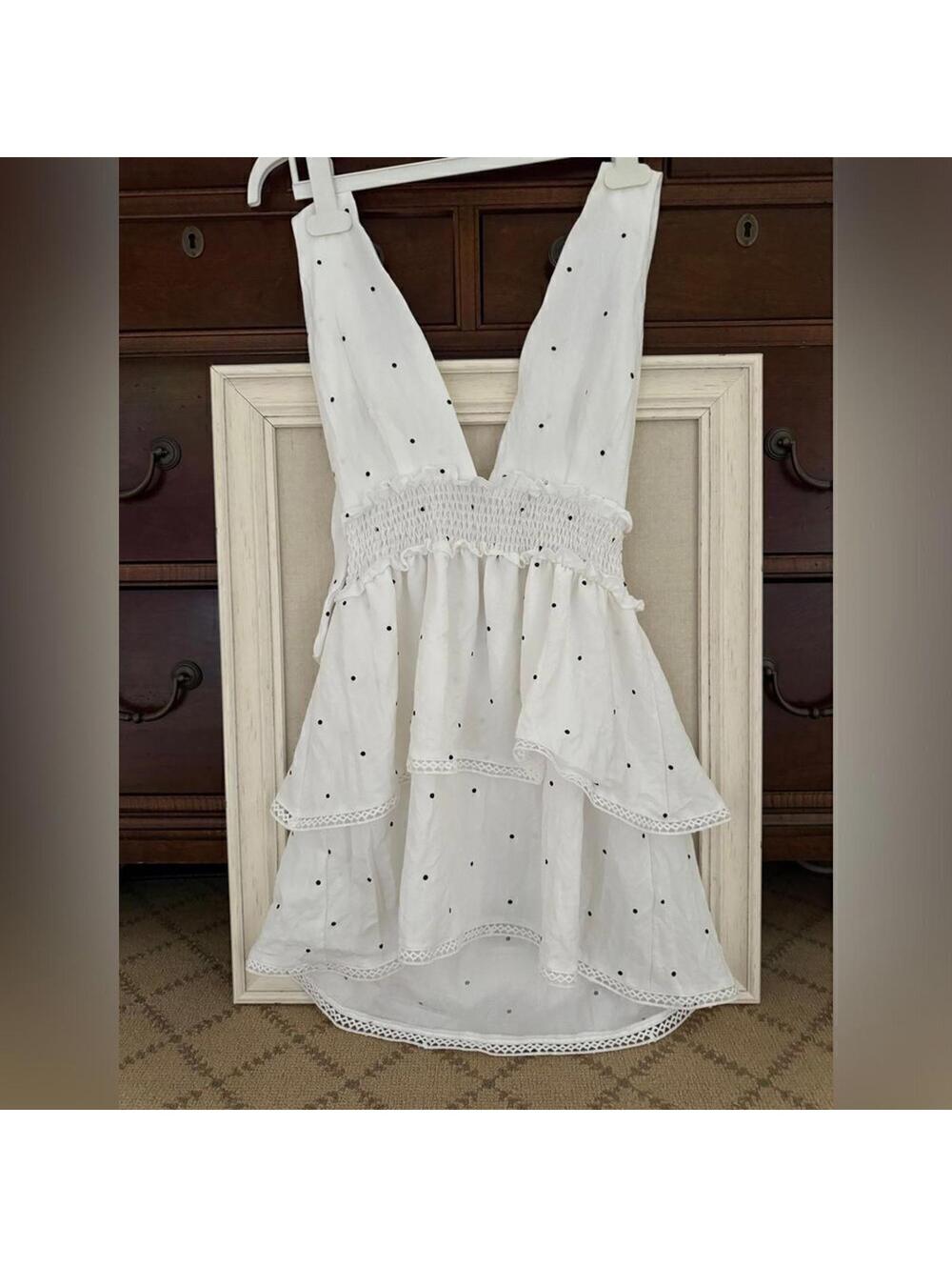 superdown white halter w black polka dot dress w double ruffle skirt S